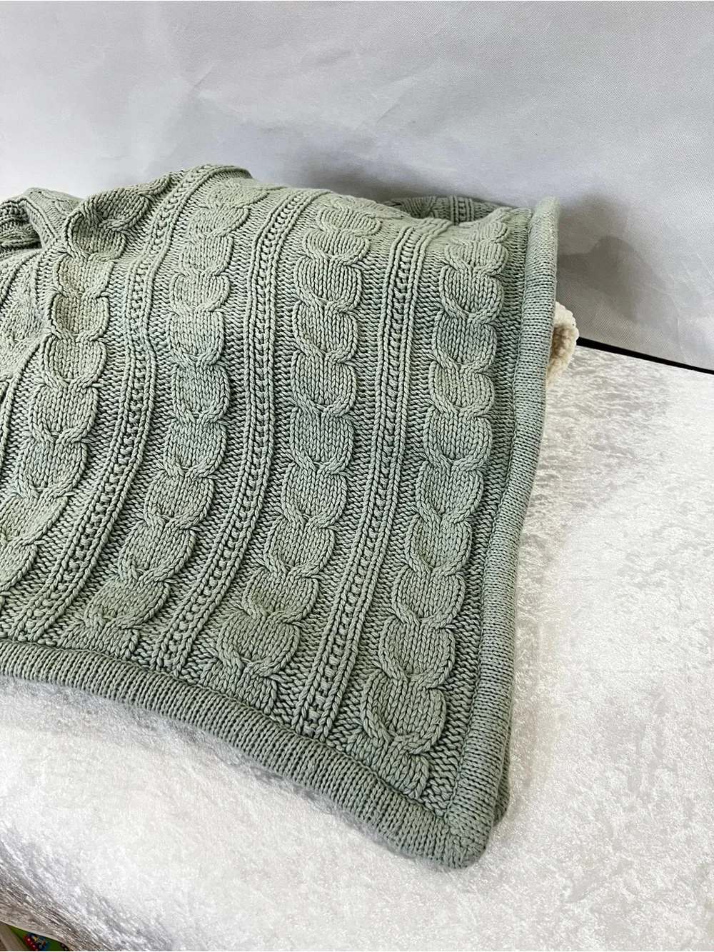 Pottery Barn Cable Knit Sherpa Fleece Teel Green Throw Blanket Size 65